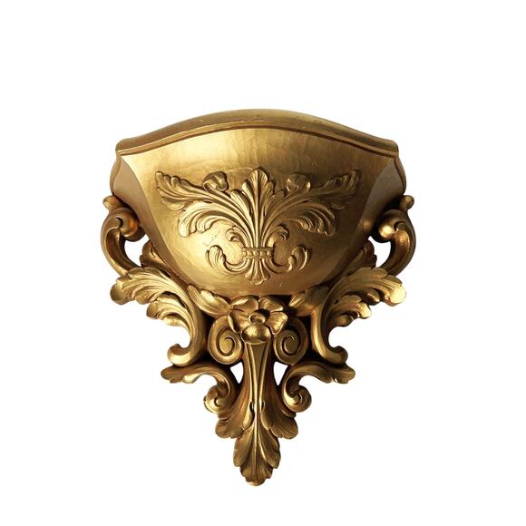 Vintage 70s Homco Gold Floral Wall Pocket Hollywood Regency Style - Picture 2 of 8